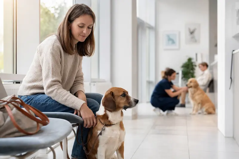 Ein Drever Hund sitzt ruhig neben seinem Besitzer im hellen Wartezimmer einer modernen Tierarztpraxis.